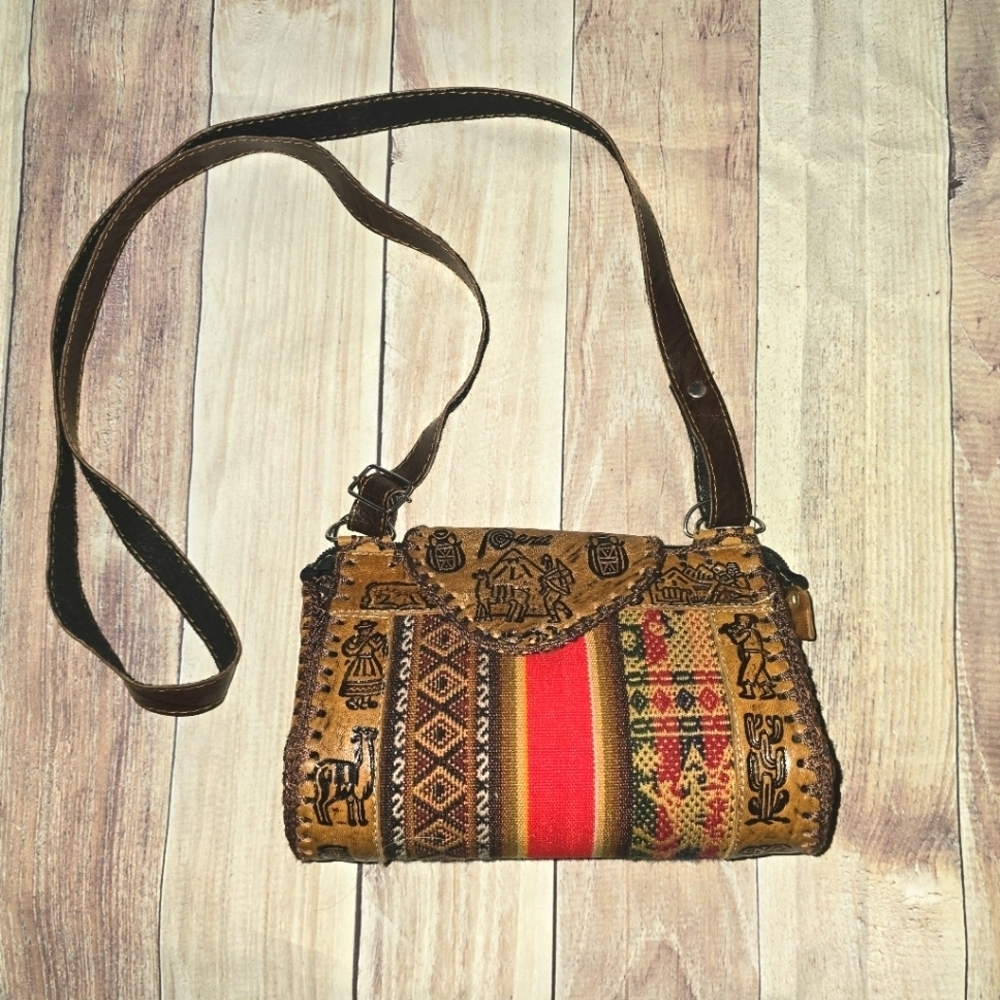 Artisan BrownLeather and Red Patterned Women's Bag Made In PERU